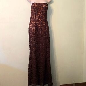 Elegant Brown Lace Strapless Gown by DJ Nights Vintage 1990s